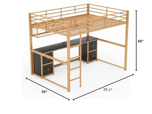 Full Size Modern Loft Bed with Desk, Cabinets, Drawers and Bedside Tray, Charging Station, USB Ports and Socket, Metal Bed Frame with Ladder and Guardrails for Kids Teens Adults (Gold+Black-01)