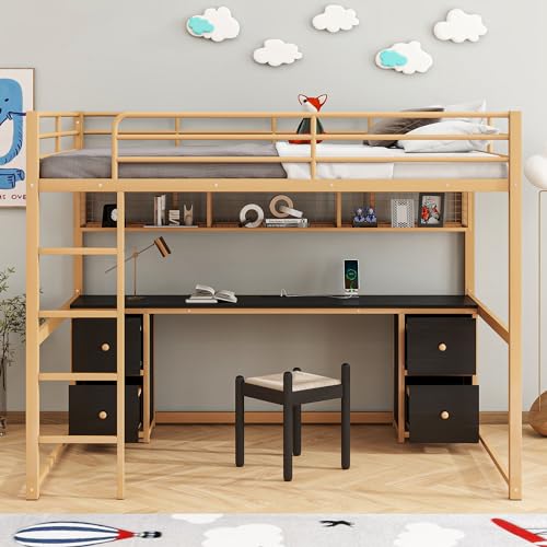 Full Size Modern Loft Bed with Desk, Cabinets, Drawers and Bedside Tray, Charging Station, USB Ports and Socket, Metal Bed Frame with Ladder and Guardrails for Kids Teens Adults (Gold+Black-01)