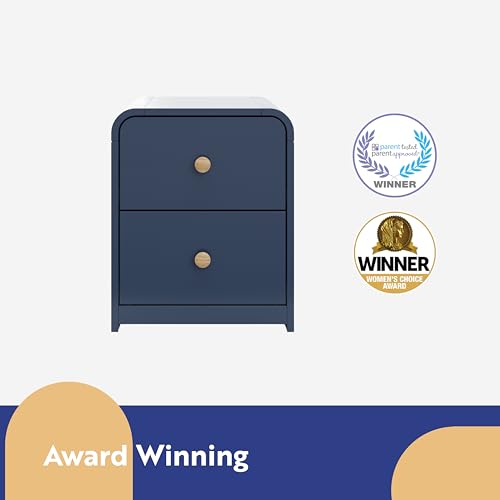 Storkcraft Next Santos 2-Drawer Nightstand (Midnight Blue with Natural) – GREENGUARD Gold Certified, Pre-Installed Drawer Tracks for Easier Assembly, Nightstand Organizer for Kids Bedroom