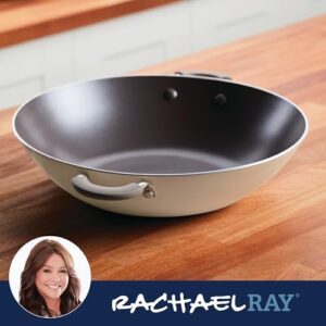 Rachael Ray Cook + Create Nonstick Wok Pan with Side Handles, Oven Safe, Easy to Clean, 14 Inch, Almond