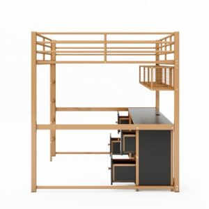 Full Size Modern Loft Bed with Desk, Cabinets, Drawers and Bedside Tray, Charging Station, USB Ports and Socket, Metal Bed Frame with Ladder and Guardrails for Kids Teens Adults (Gold+Black-01)