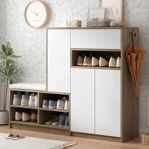 EOVTK 2-in-1 Multi-Functional Shoe Cabinet Bench with Padded Seat and Adjustable Shelves, Versatile Storage Organizer Furniture for Entrance, Hallway, White