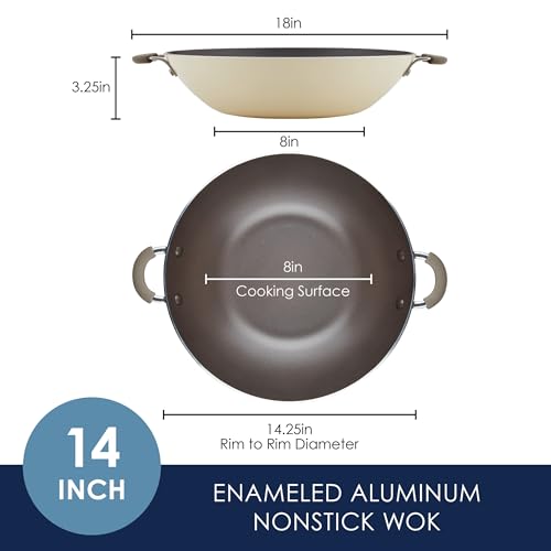 Rachael Ray Cook + Create Nonstick Wok Pan with Side Handles, Oven Safe, Easy to Clean, 14 Inch, Almond