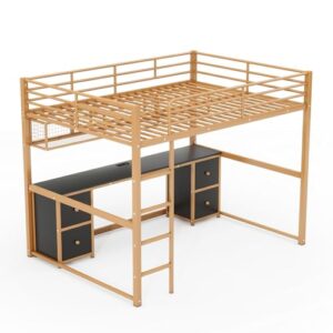 Full Size Modern Loft Bed with Desk, Cabinets, Drawers and Bedside Tray, Charging Station, USB Ports and Socket, Metal Bed Frame with Ladder and Guardrails for Kids Teens Adults (Gold+Black-01)