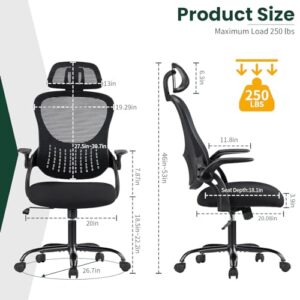 Home Office Desk Chair, Ergonomic Mesh High Back Computer Chair Height Adjustable Swivel Task Chair with Headrest and Flip-up Armrests, Black