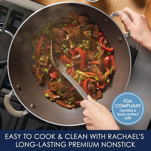 Rachael Ray Cook + Create Nonstick Wok Pan with Side Handles, Oven Safe, Easy to Clean, 14 Inch, Almond