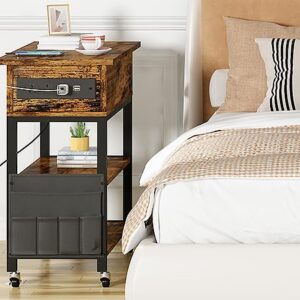 furlinkhm End Table Set of 2 with Charging Station, Flip Top Side Table with USB Ports and Outlets,Narrow NightStand with Storage Bag & Wheels,Bedside Table for Living Room Bedroom,Rustic Brown