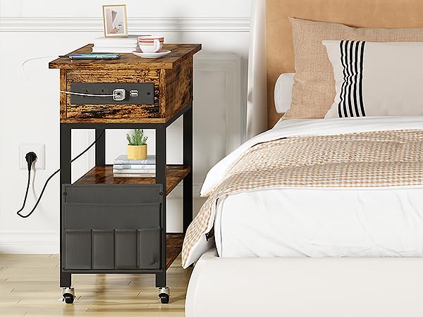 furlinkhm End Table Set of 2 with Charging Station, Flip Top Side Table with USB Ports and Outlets,Narrow NightStand with Storage Bag & Wheels,Bedside Table for Living Room Bedroom,Rustic Brown