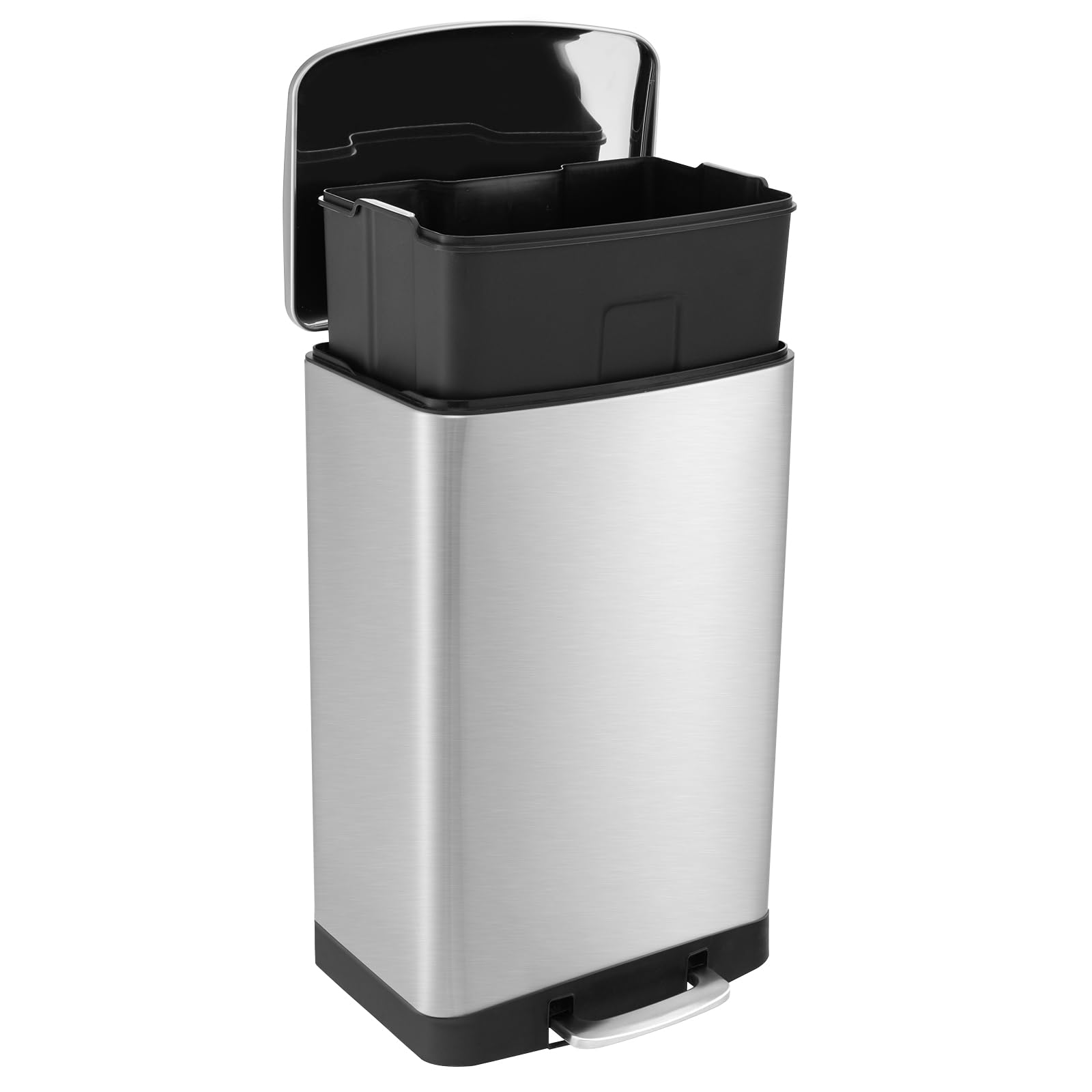 Goplus 13.2 Gallon/ 50 Liter Trash Can, Stainless Steel Garbage Can with Lock Device & Foot Pedal, Stay Open Trash Bin w/Soft Closing Lid, Hand-Free Step Garbage Bin for Kitchen Home Office, Silver