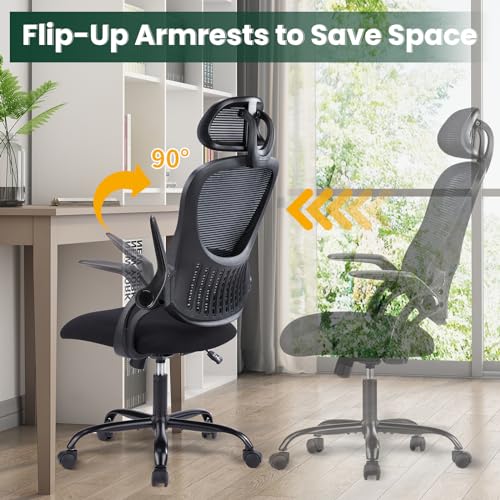 Home Office Desk Chair, Ergonomic Mesh High Back Computer Chair Height Adjustable Swivel Task Chair with Headrest and Flip-up Armrests, Black