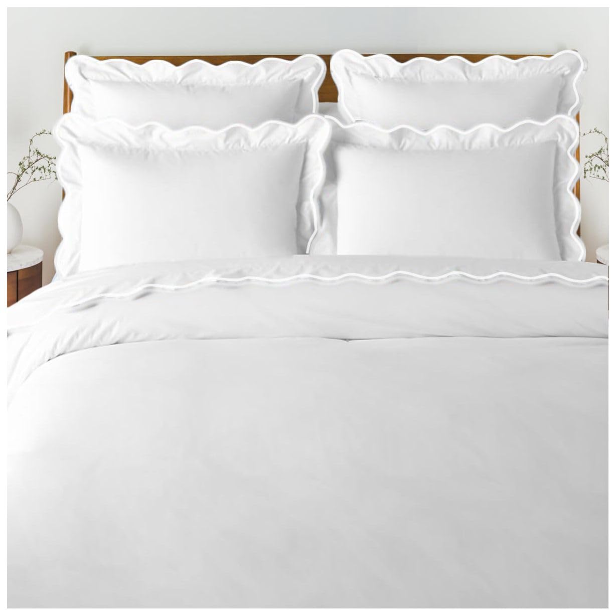 Clarence linen Scalloped Trim Duvet Cover & Shams 100% Cotton Sateen 400 Thread Count (FullQueen, White Scalloped)