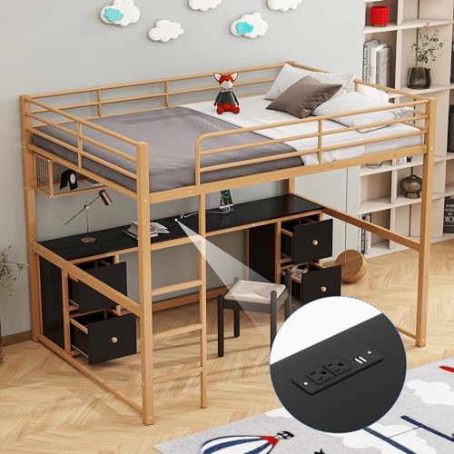 Full Size Modern Loft Bed with Desk, Cabinets, Drawers and Bedside Tray, Charging Station, USB Ports and Socket, Metal Bed Frame with Ladder and Guardrails for Kids Teens Adults (Gold+Black-01)