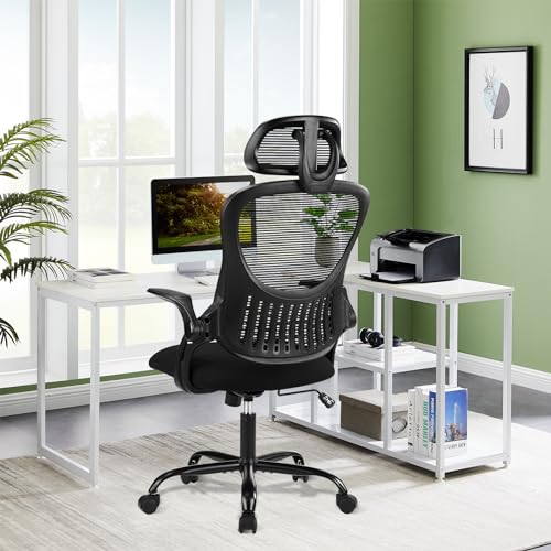 Home Office Desk Chair, Ergonomic Mesh High Back Computer Chair Height Adjustable Swivel Task Chair with Headrest and Flip-up Armrests, Black