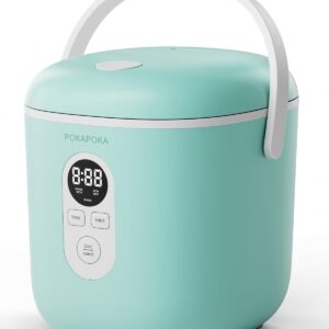 POKAPOKA Mini Rice Cooker 2 Cup Uncooked, Small Travel Rice Cooker with Portable Handle, 24-H Timer Delay, LED Display, 1.2L Non-stick Inner Pot, Aqua