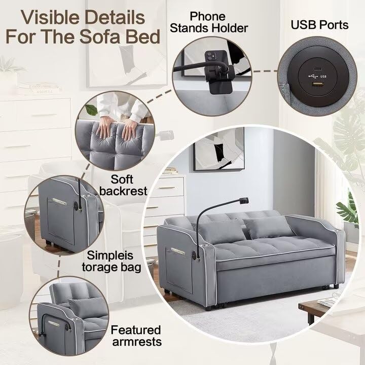 BearDen Creations 3 in 1 Convertible Sleeper Sofa Couch Bed, Velvet Tufted Loveseat Futon Sofa w USB&Type C Port/Pull Out Bed, Adjustable Backrest,Multi-Pockets for Living Room Apartment Small Space