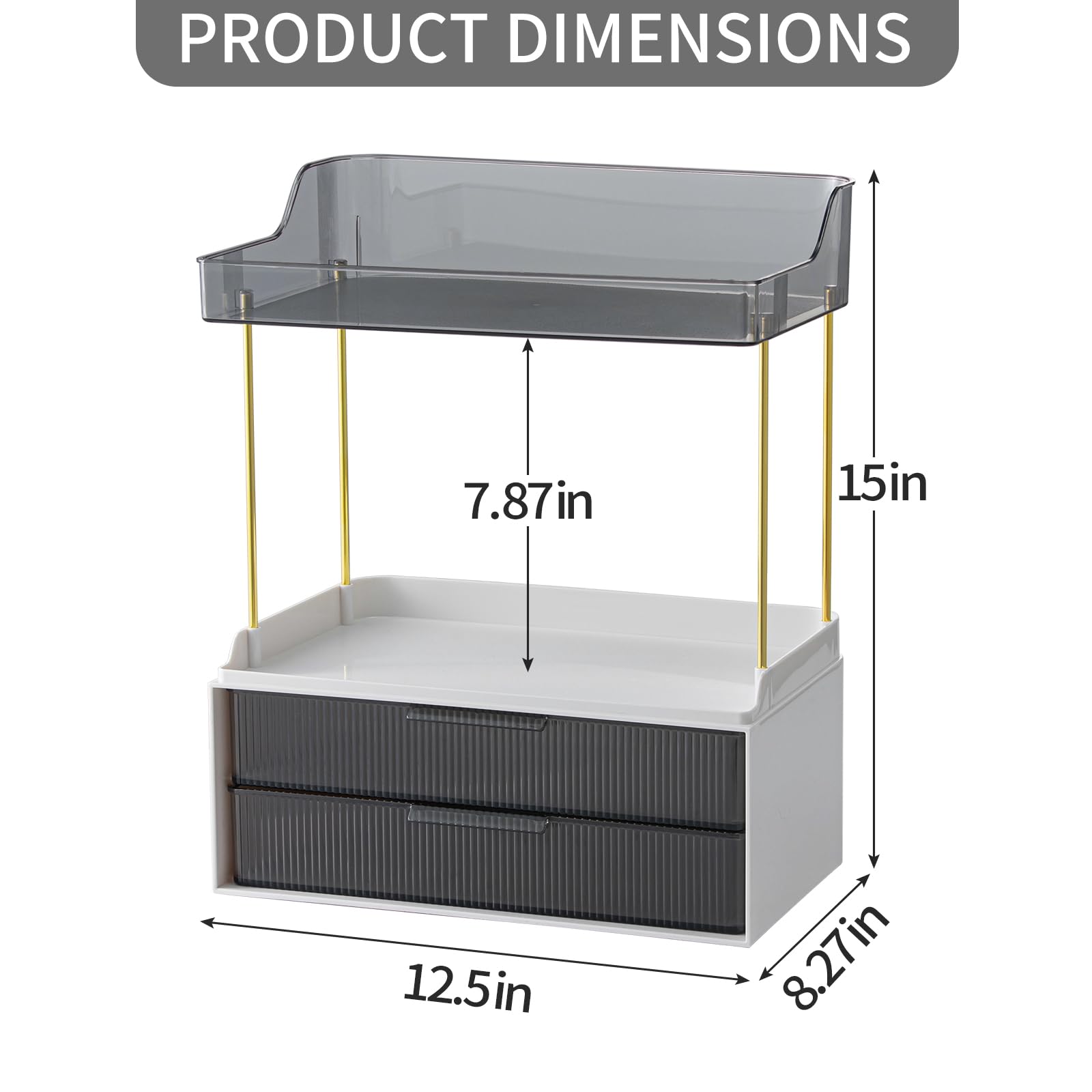 akinbas Bathroom Organizer Countertop with Stackable Drawer High-Capacity Skincare Cosmetic Storage Display Cases with 2 Drawers and 2 Tray for Bathroom(Gray)