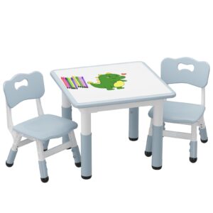 ronipic height adjustable toddler table and 2 chairs set with graffiti desktop, kids table and chairs set, non-slip legs, kids activity table for home, nursery, blue