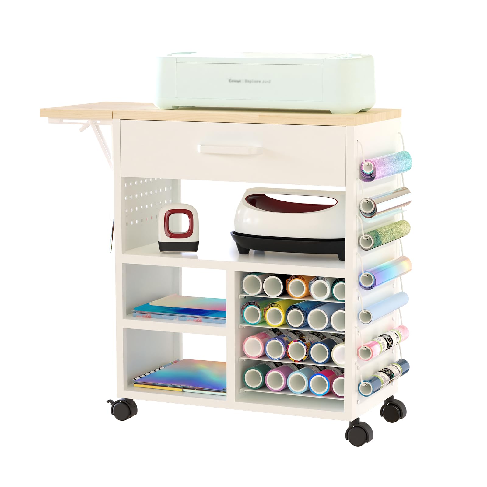 RJOKMT Rolling Craft Storage Cart with Crafting Table Organization Workstation - Compatible with Cricut Machines, Craft Rolling Storage Organizer with Vinyl Roll Holder，Crafting Cabinet Workstation