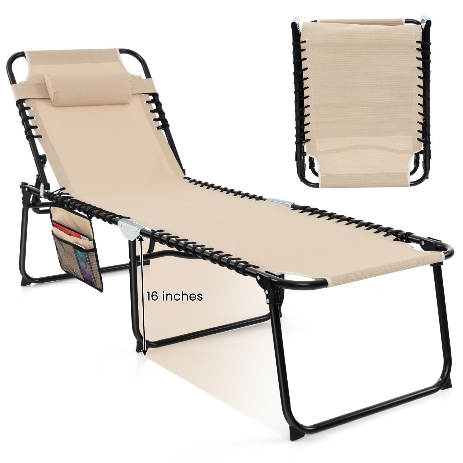 GYMAX Lounge Chairs for Outside, Extra High Folding Beach Tanning Lounger with Adjustable Backrest, Footrest & Removable Pillow, Sunbathing Lounge for Patio, Poolside (1, Sand with Pocket)