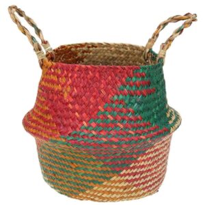 Wedhapy Woven Basket Rattan Basket Seagrass Belly Storage Basket with Handles Woven Foldable Storage Pot Plant Basin Cover for Laundry Beach Bag (S)