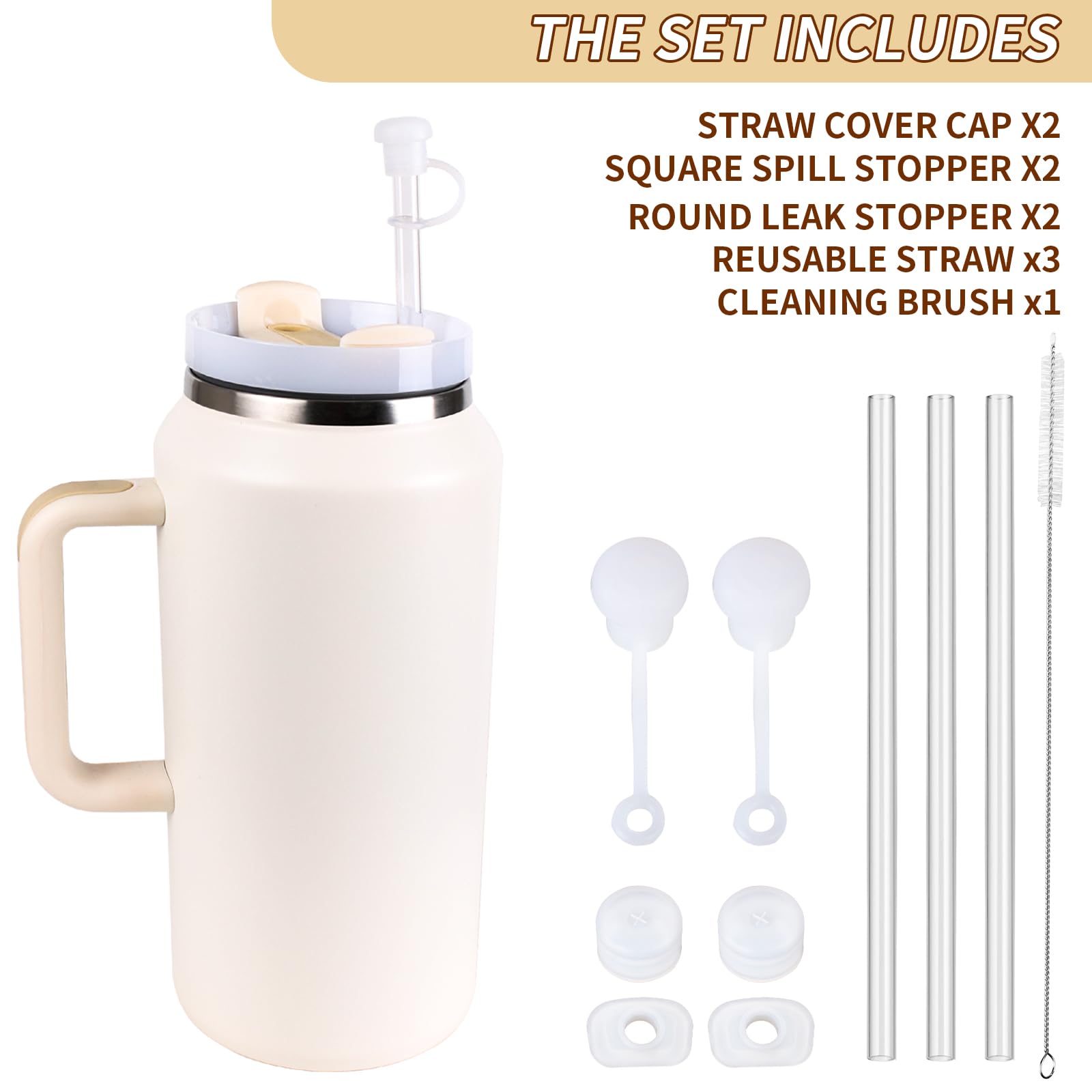 KEUYE 64 oz Tumbler Accessories for Stanley, Cup Accessories 64 oz Including 3PCS Extra Long Straws,1PC Straw Cleaning Brush,2 Sets Of Silicone Spill Leak Stoppers