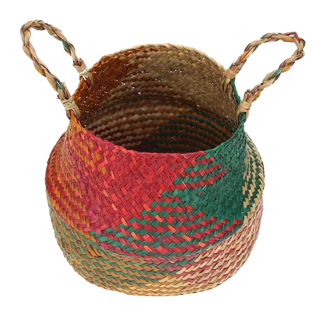 Wedhapy Woven Basket Rattan Basket Seagrass Belly Storage Basket with Handles Woven Foldable Storage Pot Plant Basin Cover for Laundry Beach Bag (S)