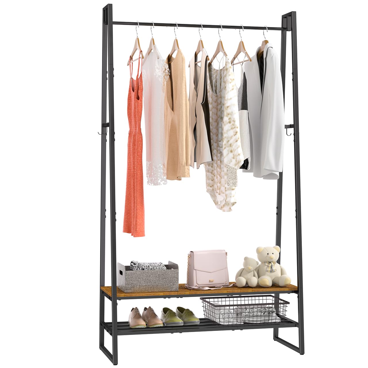 Asgolion Clothing Rack, Clothes Rack for Hanging Clothes, Garment Rack with 2 Shelves and 4 Hooks, Metal Standing Clothes rack for Bedroom, Closet, Rustic Brown