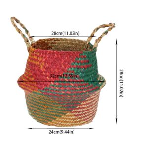 Wedhapy Woven Basket Rattan Basket Seagrass Belly Storage Basket with Handles Woven Foldable Storage Pot Plant Basin Cover for Laundry Beach Bag (S)