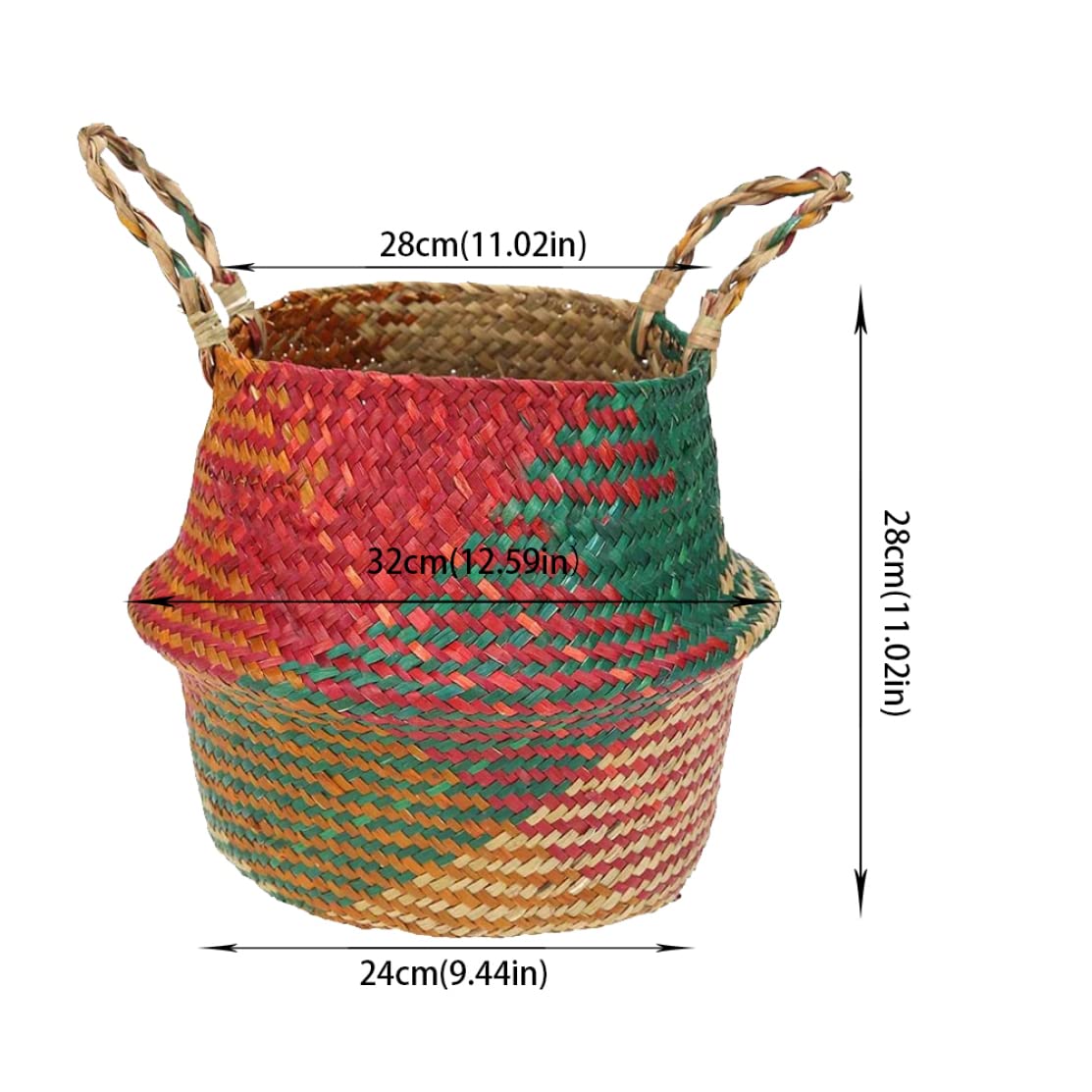 Wedhapy Woven Basket Rattan Basket Seagrass Belly Storage Basket with Handles Woven Foldable Storage Pot Plant Basin Cover for Laundry Beach Bag (S)