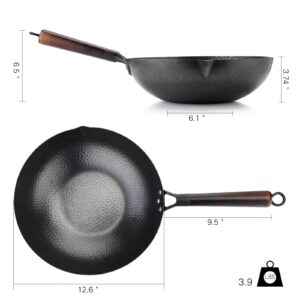 Kordisen Carbon Steel Wok Pan with Lid, 12.6inch Flat Bottom Wok, Woks & Stir Fry Pans for Induction, Electric, Gas Stoves, No Chemical Coated Chinese Wok