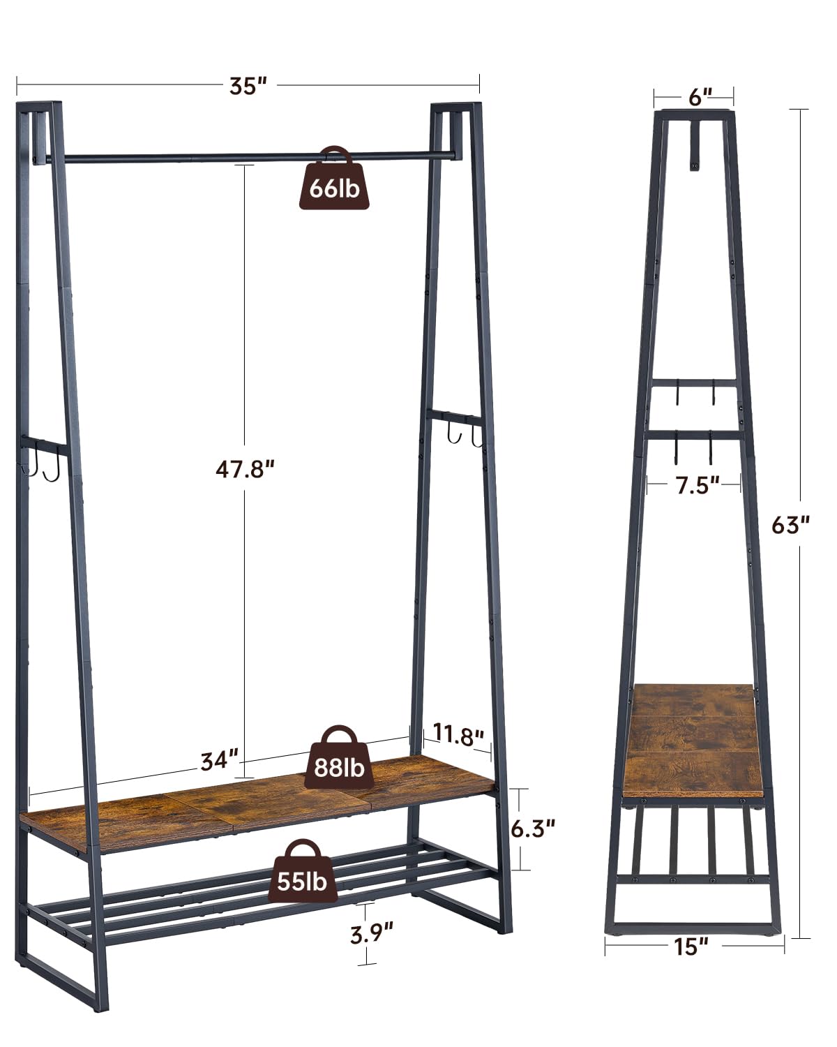 Asgolion Clothing Rack, Clothes Rack for Hanging Clothes, Garment Rack with 2 Shelves and 4 Hooks, Metal Standing Clothes rack for Bedroom, Closet, Rustic Brown