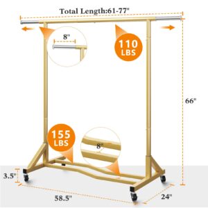 Raybee Clothes Rack 77" W Heavy Duty Clothing Rack Gold Clothing Rack with Wheels Clothes Racks for Hanging Clothes Heavy Duty Metal Rolling Garment Rack Industrial Clothing Rack 77''W×66''H×24''D