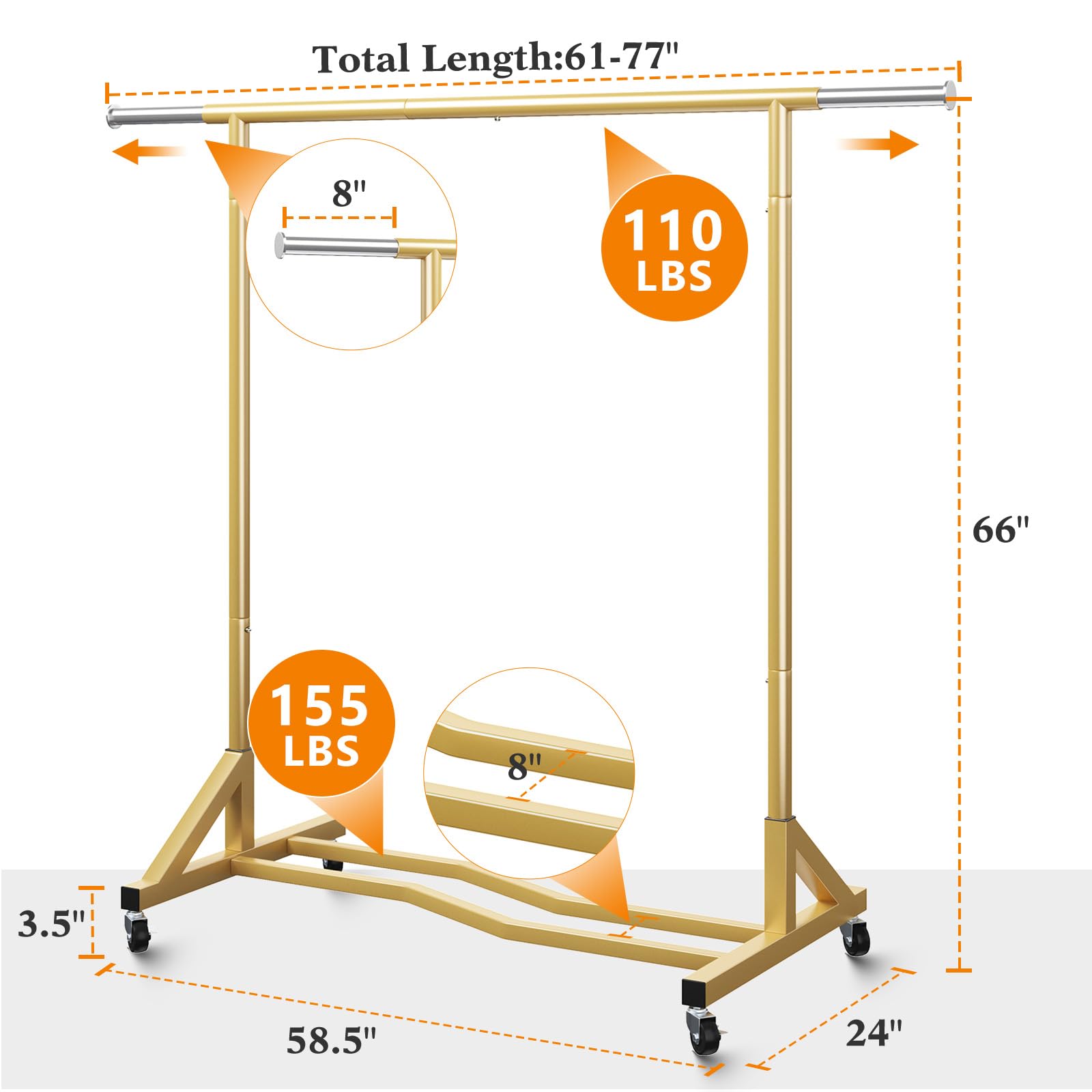 Raybee Clothes Rack 77" W Heavy Duty Clothing Rack Gold Clothing Rack with Wheels Clothes Racks for Hanging Clothes Heavy Duty Metal Rolling Garment Rack Industrial Clothing Rack 77''W×66''H×24''D