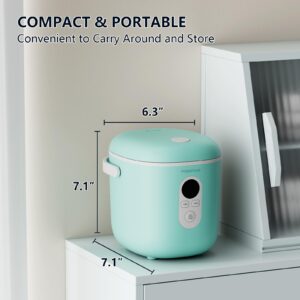 POKAPOKA Mini Rice Cooker 2 Cup Uncooked, Small Travel Rice Cooker with Portable Handle, 24-H Timer Delay, LED Display, 1.2L Non-stick Inner Pot, Aqua