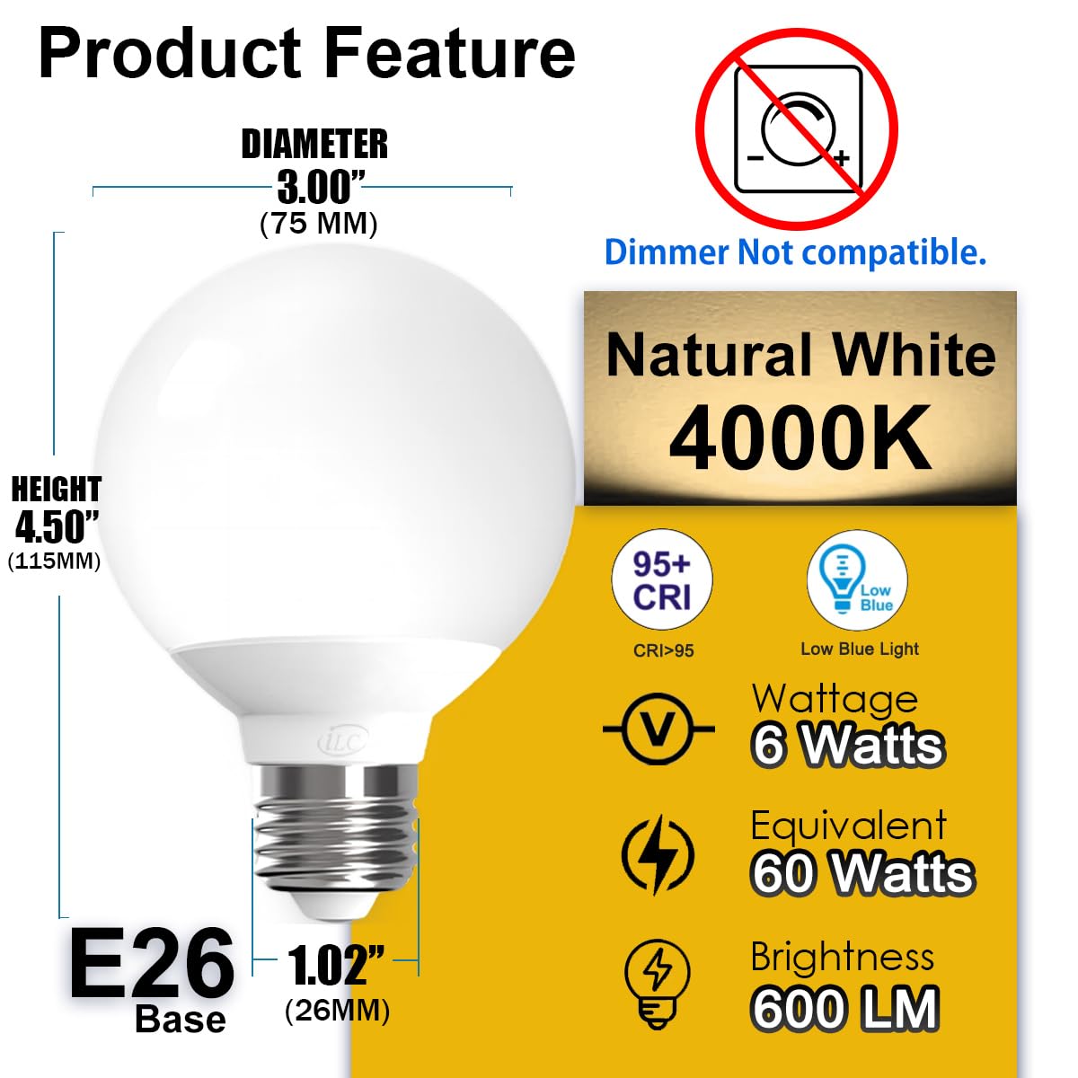 ILC G25 LED Globe Light Bulbs 6W, Remote Control Color Changing, 60W Equivatlent, Color Temprature: 4000K Natural White, CRI>95+, E26 Base, for Vanity Makeup Mirror, Bathroom (6 Pack)