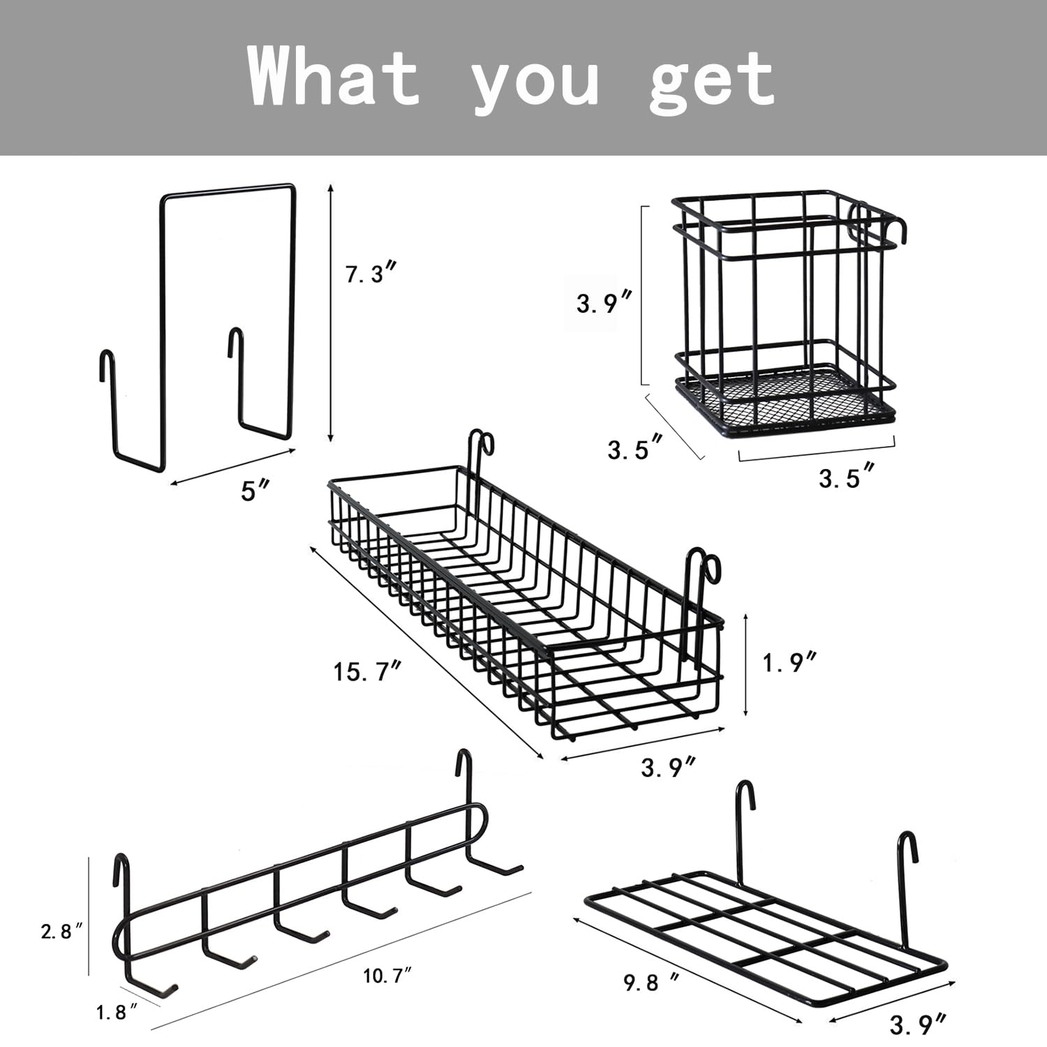 PEAUARL Metal Mesh Wall Grid Panel Hanging Basket,Display Shelf,Pen Holder,Hooks Rack,Bookshelf,Decorative Desk Storage Organizer for Office,Study,Set of 5 (Black)