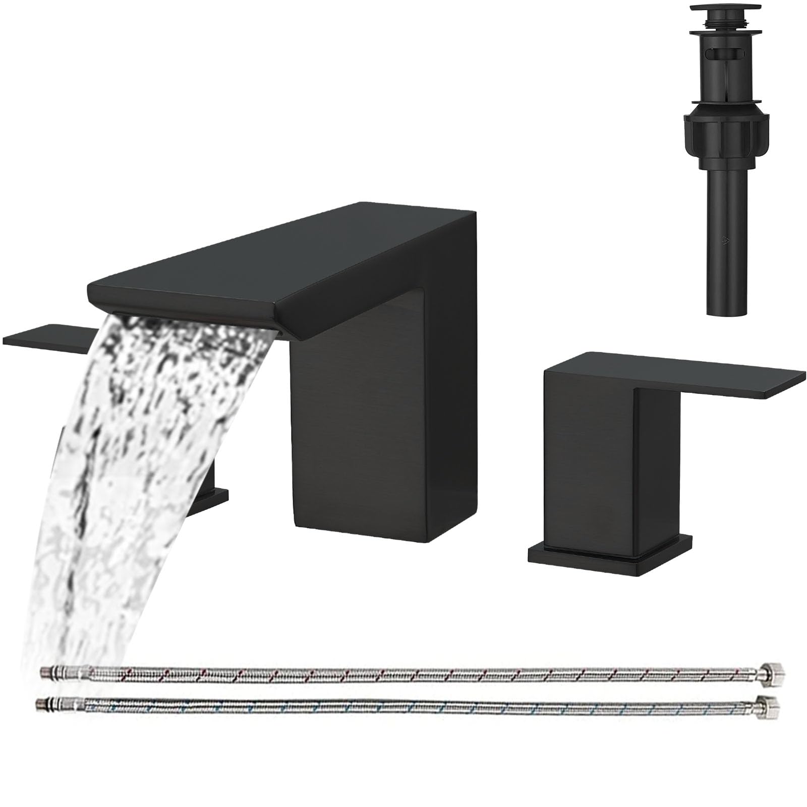 BESy Matte Black Bathroom Faucet 3 Holes Two Handles Vanity Widespread 8 Inch Bathroom Sink Faucet, Waterfall Bathroom Sink Faucet with cUPC Supply Hoses, Pop Up Drain, Stainless Steel