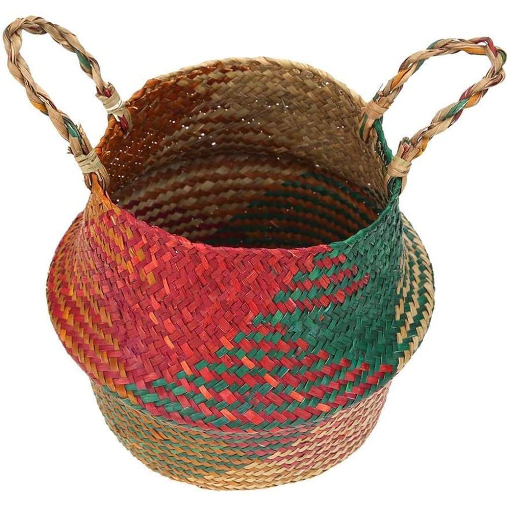 Wedhapy Woven Basket Rattan Basket Seagrass Belly Storage Basket with Handles Woven Foldable Storage Pot Plant Basin Cover for Laundry Beach Bag (S)