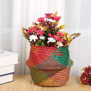 Wedhapy Woven Basket Rattan Basket Seagrass Belly Storage Basket with Handles Woven Foldable Storage Pot Plant Basin Cover for Laundry Beach Bag (S)