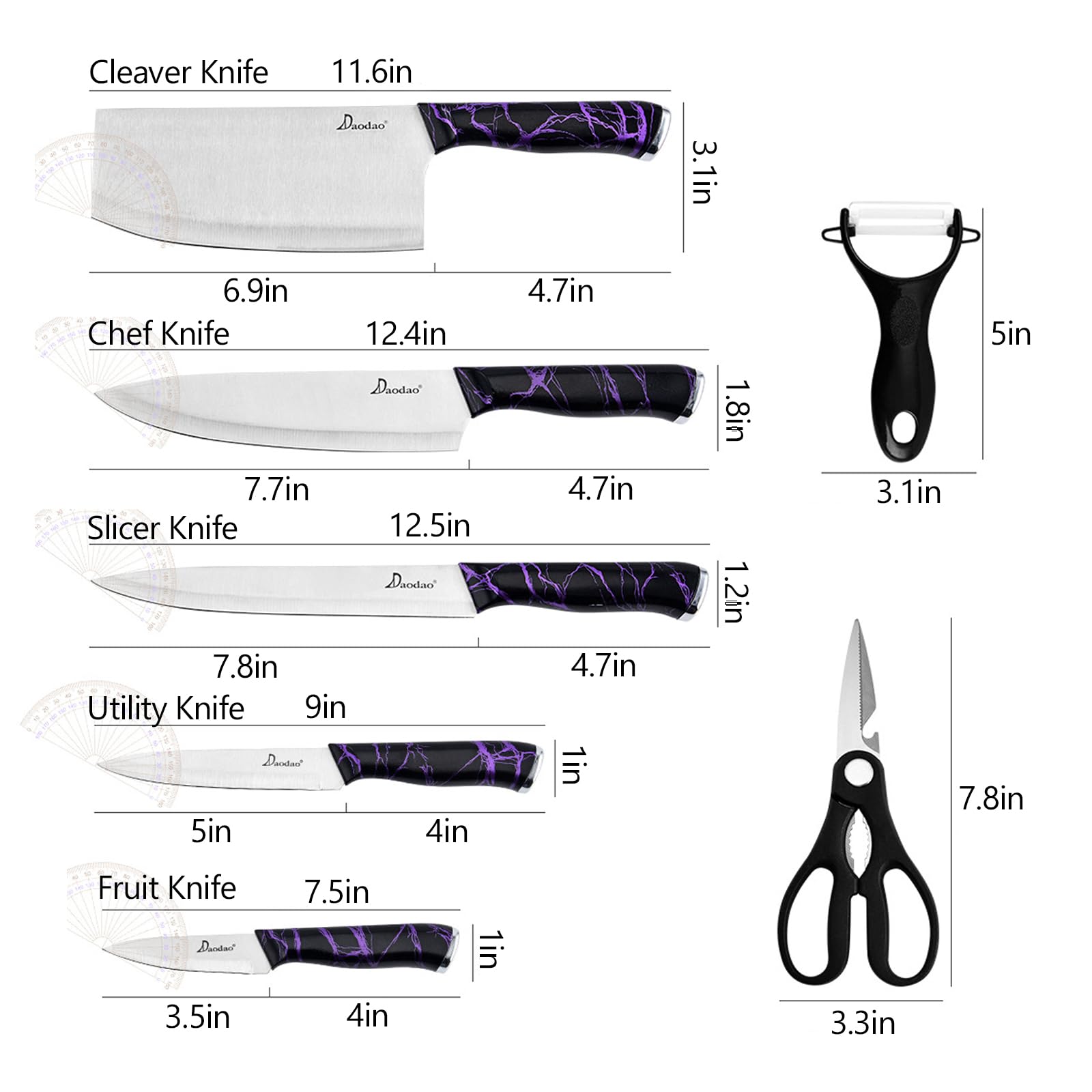 FTNESGYM Knife Set, 9-Piece Kitchen Knife Set with Block, Sharp Stainless Steel Chef Knife Set, Professional Cooking Knife Set with Foldable Cutting Board, Knives with Ergonomic Handle (Purple)