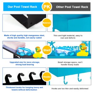 Pool Towel Racks with Shelf 8 Hooks for Pool Bathroom Wall Mount Towel Hooks Towel Holder Carbon Steel Hanger Organizer Pool Accessories Outdoor for Robe,Towel,Coat,Swimsuit,Bag,Keys