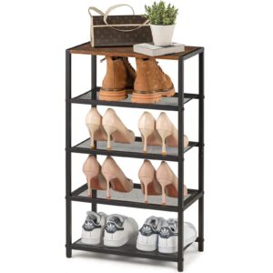 runjimy metal 5 tier shoe rack for front door entrance, entryway, and closet shoe organizer with 4 sturdy metal mesh shelves and wooden top, holds 10 pairs, ideal for storage or display