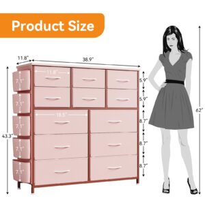 12 Dresser for Bedroom, Chest of Drawers for Bedroom with Side Pockets and Hooks, Fabric Storage Dresser, Sturdy Steel Frame, Wood Top, Easy Pull Handle (Pink)