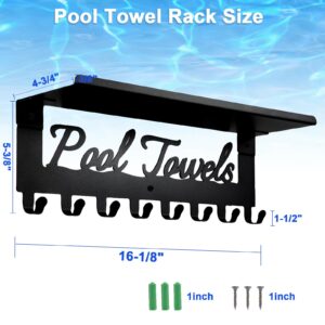 Pool Towel Racks with Shelf 8 Hooks for Pool Bathroom Wall Mount Towel Hooks Towel Holder Carbon Steel Hanger Organizer Pool Accessories Outdoor for Robe,Towel,Coat,Swimsuit,Bag,Keys