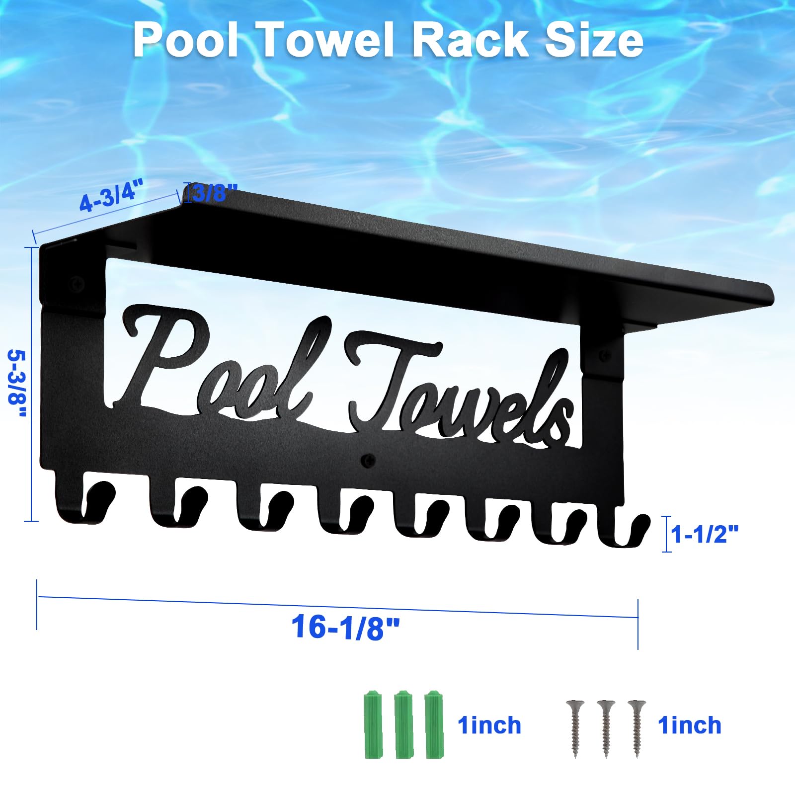 Pool Towel Racks with Shelf 8 Hooks for Pool Bathroom Wall Mount Towel Hooks Towel Holder Carbon Steel Hanger Organizer Pool Accessories Outdoor for Robe,Towel,Coat,Swimsuit,Bag,Keys