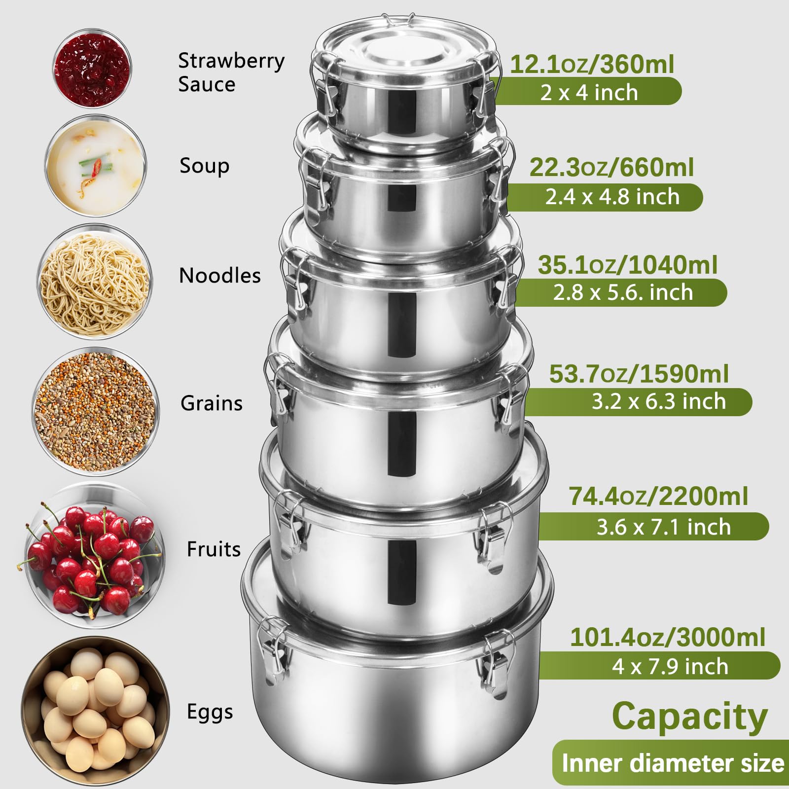 LEEPENK 6 Pcs 304 Stainless Steel Containers With Lids Stainless Steel Snack Containers for Kids,Kimchi Containers Leakproof Stainless Steel Food Storage Containers for Lunch Soup Salad Leftover