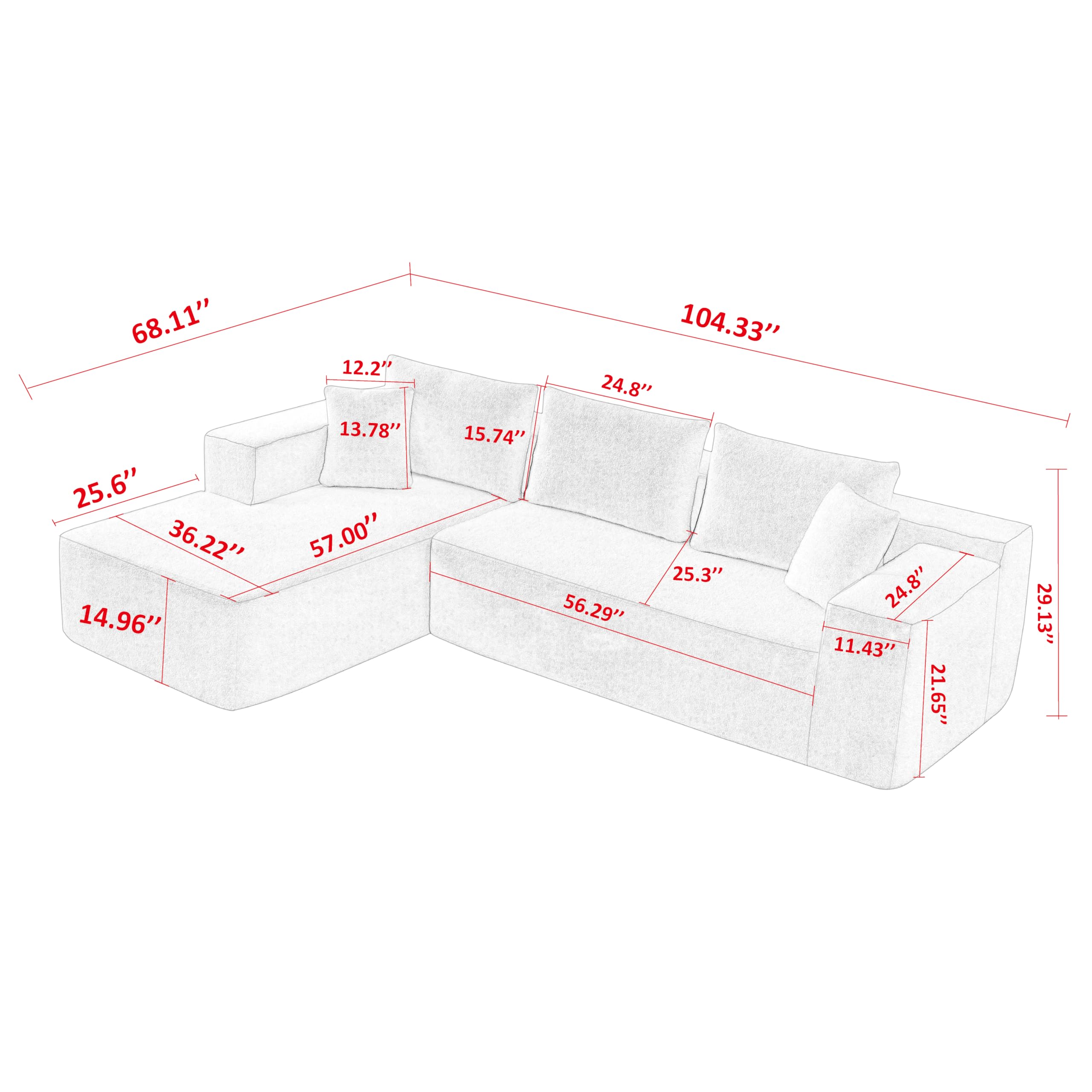 JUSTONE 104.33" Sponge Sectional Sofa Couch for Living Room, L Shaped Lamb Modular High Density Sponge Floor Sofa Couch with Chaise Lounge,Cloud Couch, Green