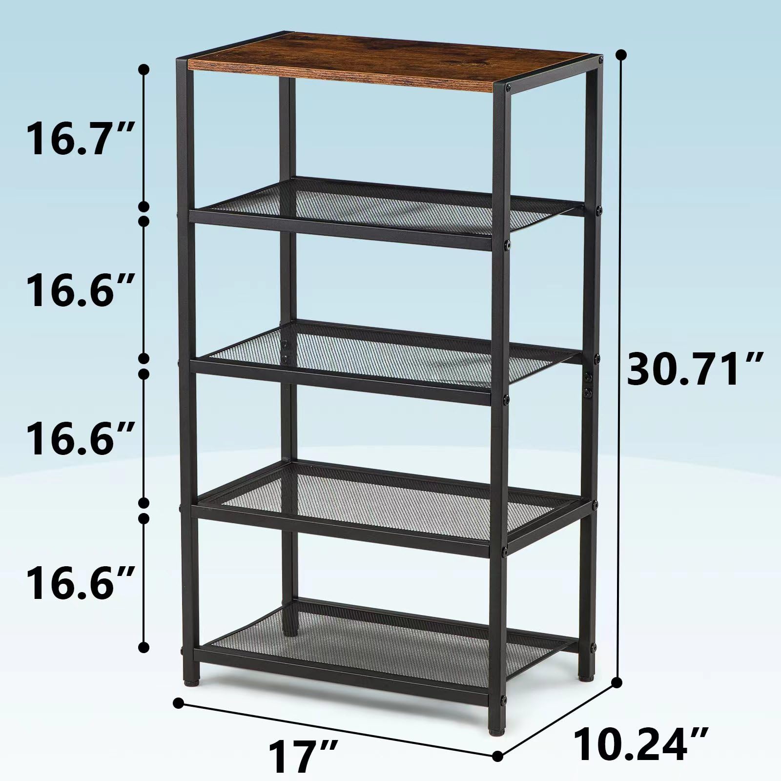 RUNJIMY Metal 5 Tier Shoe Rack for Front Door Entrance, Entryway, and Closet Shoe Organizer with 4 Sturdy Metal Mesh Shelves and Wooden Top, Holds 10 Pairs, Ideal for Storage or Display