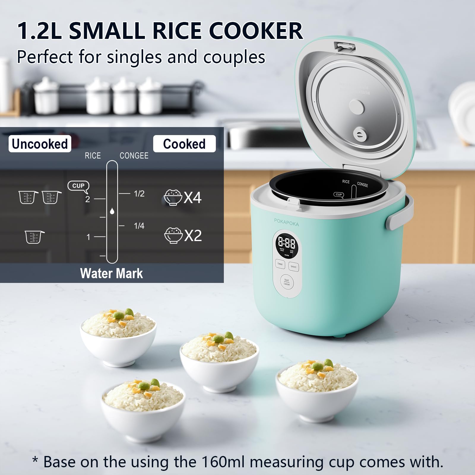 POKAPOKA Mini Rice Cooker 2 Cup Uncooked, Small Travel Rice Cooker with Portable Handle, 24-H Timer Delay, LED Display, 1.2L Non-stick Inner Pot, Aqua