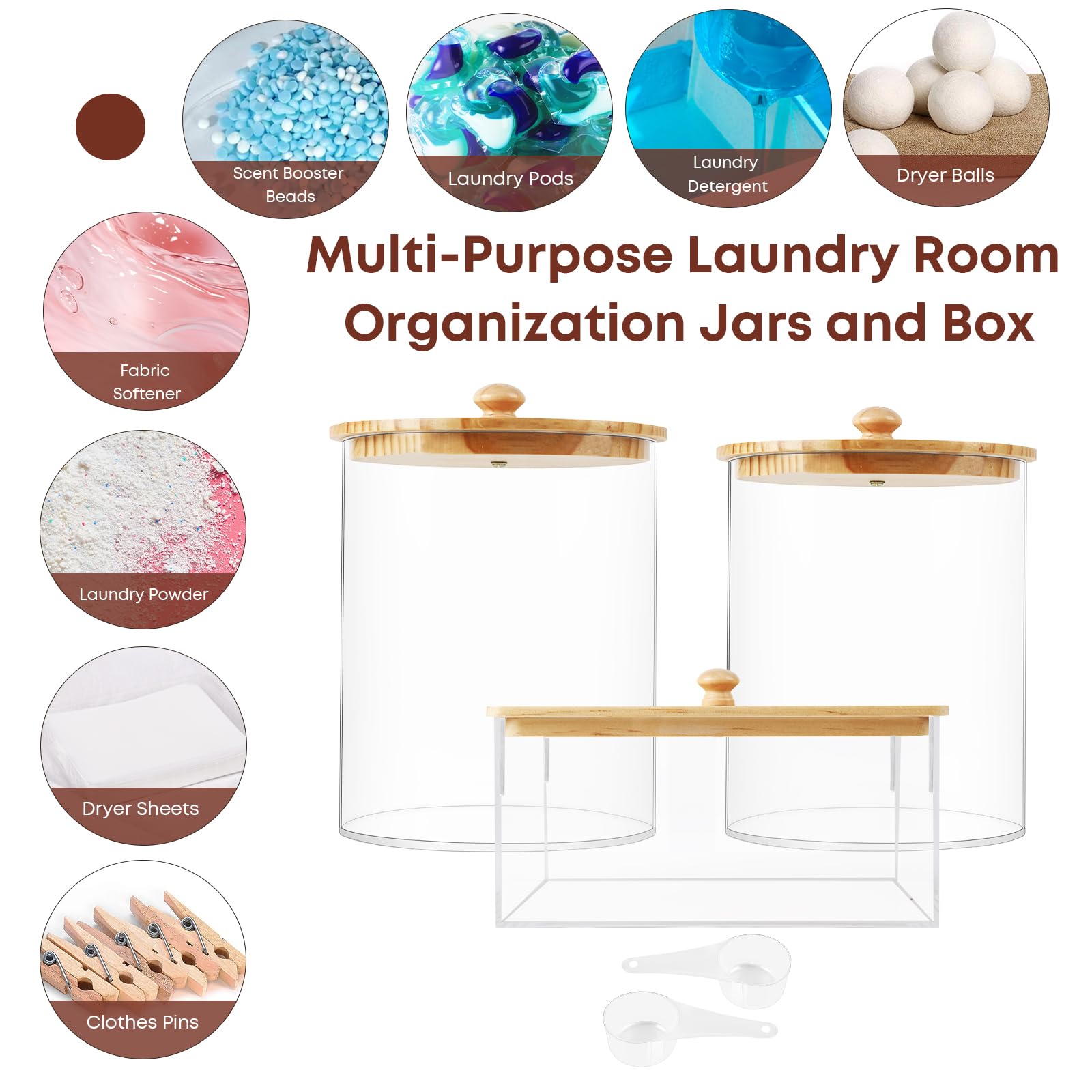 COAZEX 3 Pack Acrylic Laundry Powder Container & Dryer Sheet Holder, Large Laundry Room Organization Jars and Storage Box Dispenser with Lid, Labels & Scoop for Powder, Detergent, Scent Booster